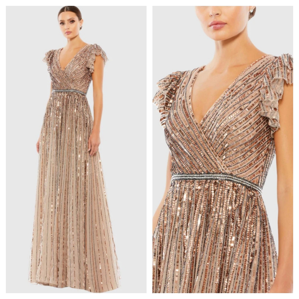 Mac Duggal $698 Size 18 Sequin Wrap Over Ruffle Cap Sleeve Copper Dress